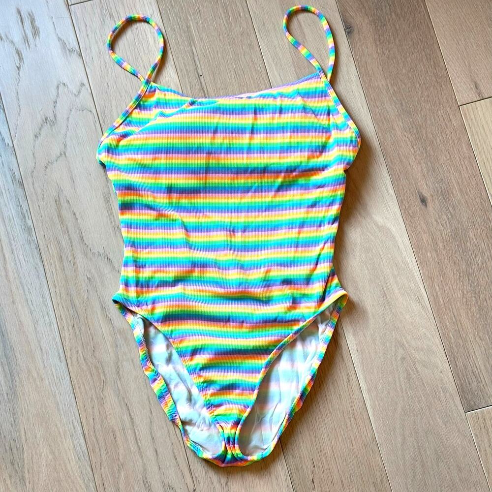 Vintage Surfside One‑Piece Swimsuit – Neon Stripe, High‑Cut Leg, Women’s Size M